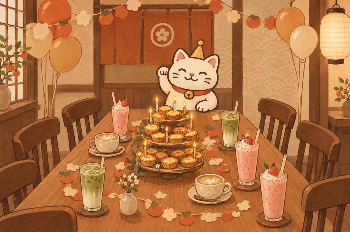 The Neko lucky cat in a party hat beside a candle-lit tower of mini cheese tarts, matcha lattes and smoothies on a long cafe table