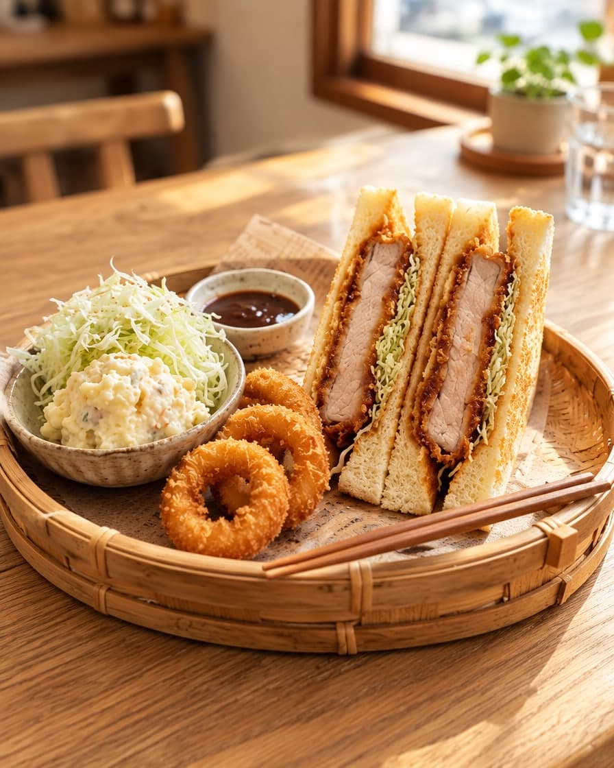 Katsu sando set on a bamboo tray: stacked sando halves showing the crispy cutlet and shredded cabbage, with fried squid rings and Japanese potato salad